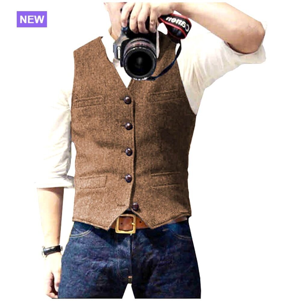 Wool Herringbone Tweed Vest Slim Fit V-Neck Suit Waistcoat